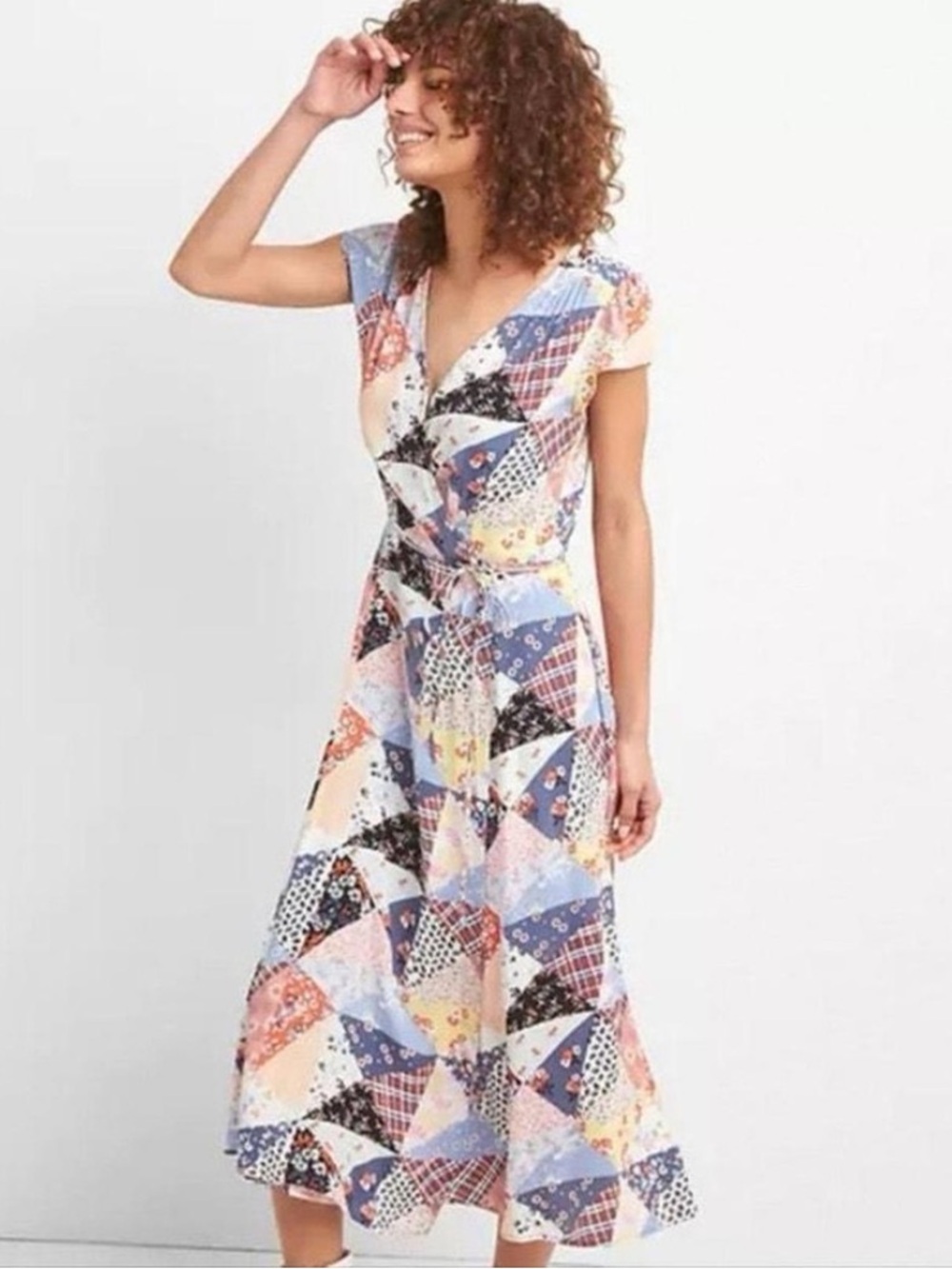 GAP Patchwork-Print Wrap V-Neck Midi Dress - Blue, Pink, Cream 100% Rayon